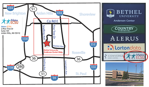 Street map of BrightWorks office and surrounding areas. Includes a picture of sign found at the building entrance that reads: Bethel University Anderson Center, Country Financial, Alerus, LortonData, Converge North Central, BrightWorks
