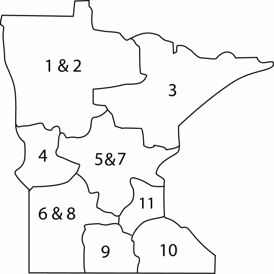 MN Regional Map: Regions: 1 and 2, 3, 4, 5 and 7, 6 and 8, 9, 10, and 11.